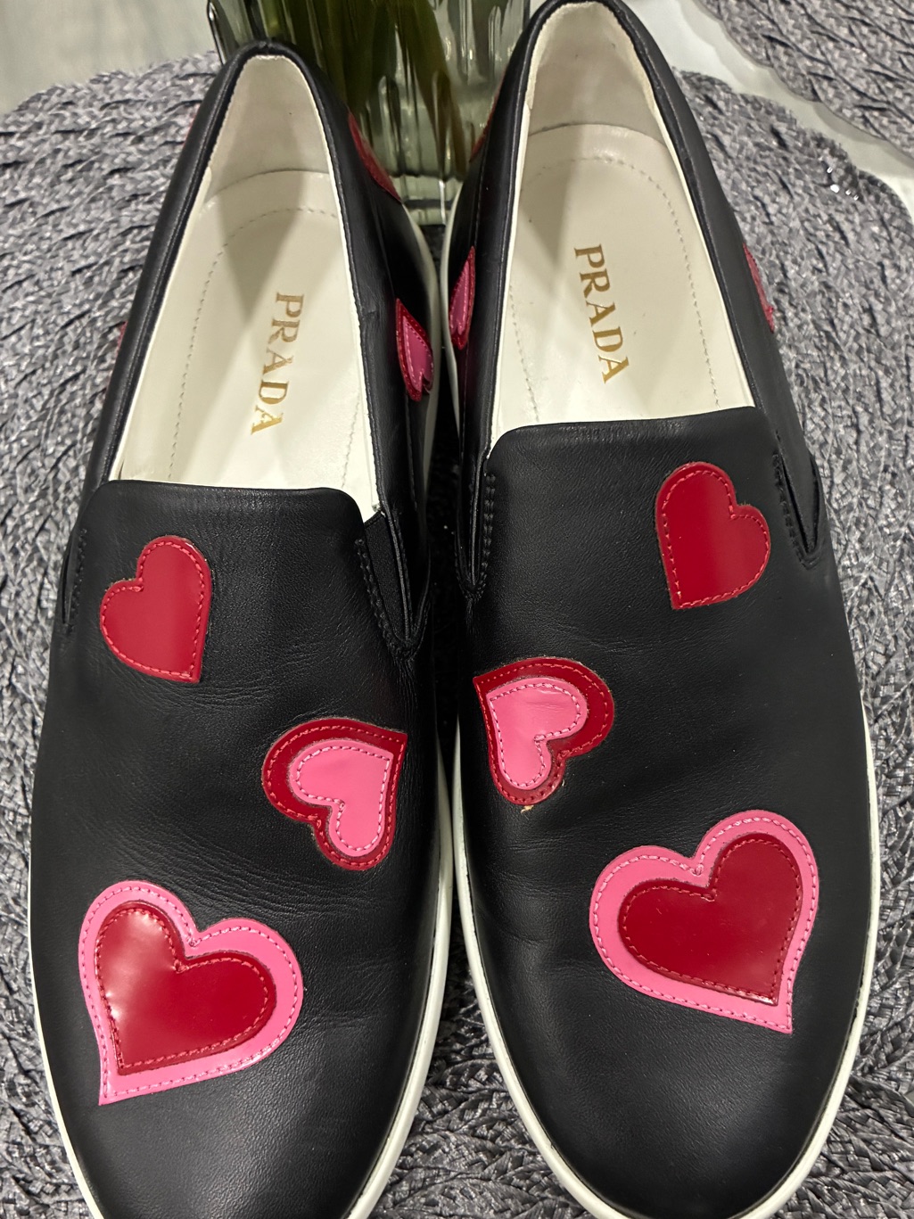 Prada Heart Appliqu Leather Slip-On Sneakers Black Pink Red Eu 40 Authentic